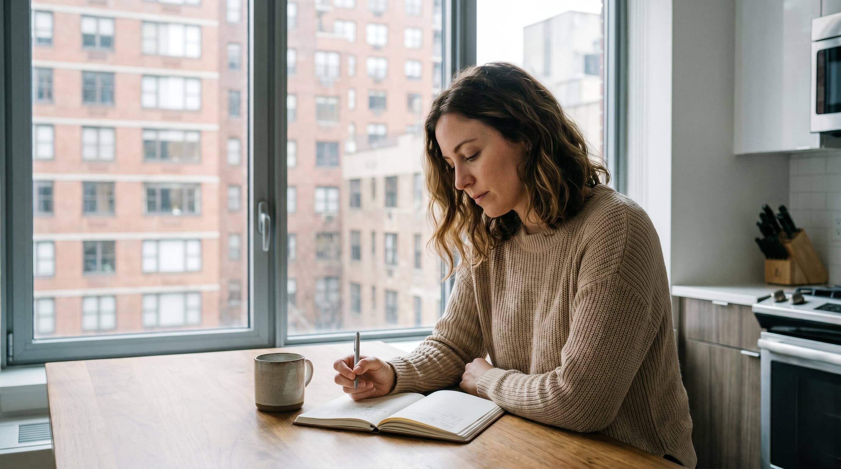 Woman journaling at a bright kitchen table with a city view