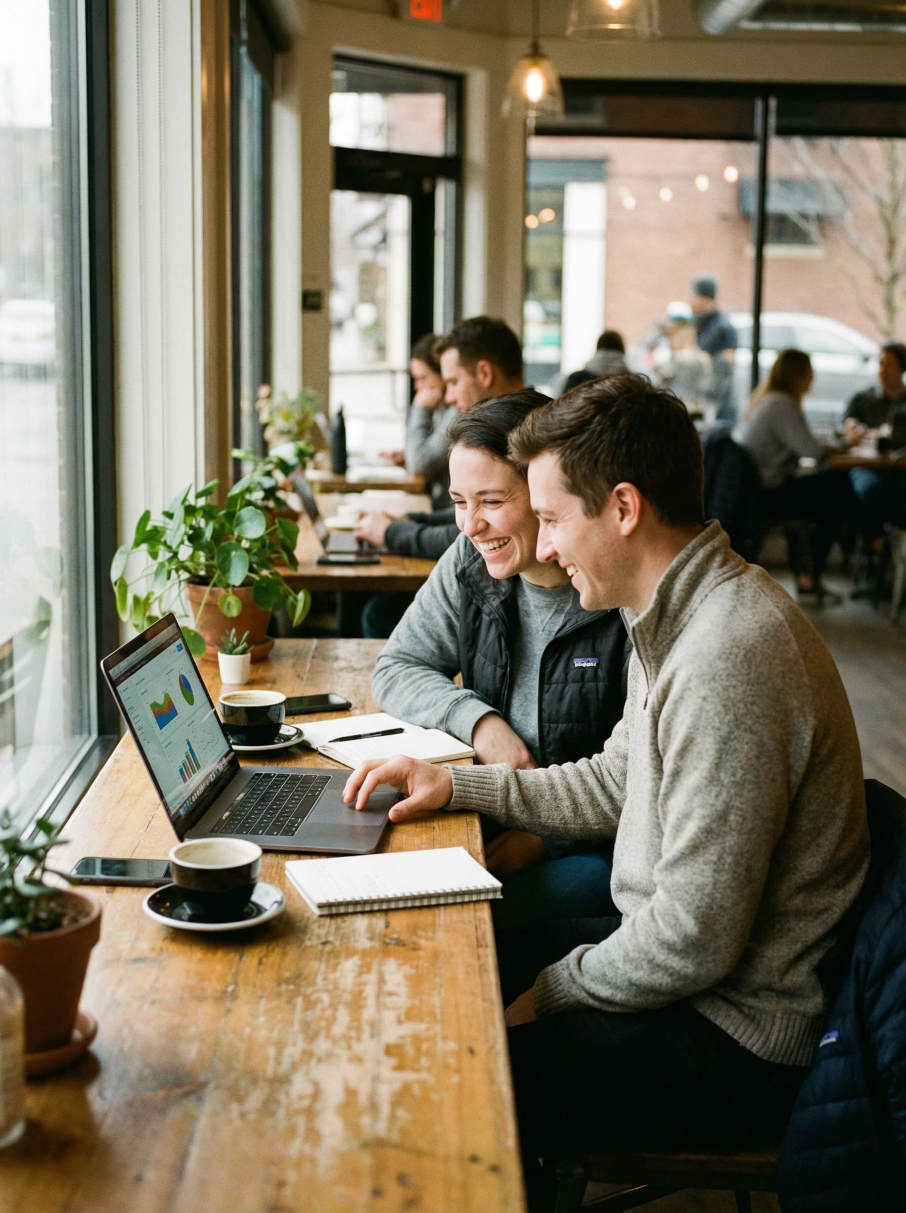Two people reviewing results on a laptop