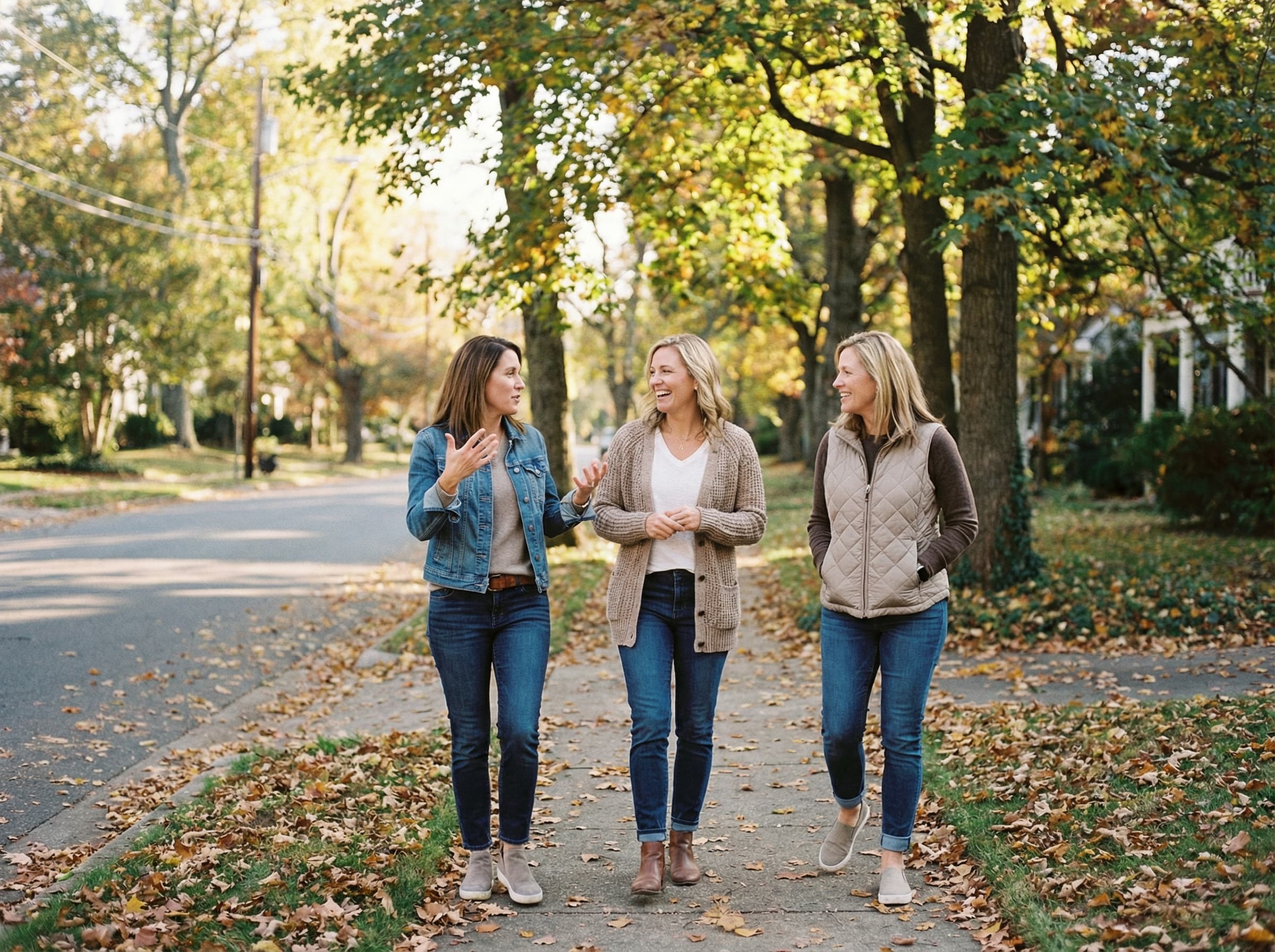 Three friends walking and talking on a neighborhood sidewalk